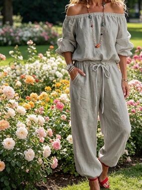 Gray Linen Off-Shoulder Jumpsuit S Pockets Elastic Drawstring Waist Jogger Sz M